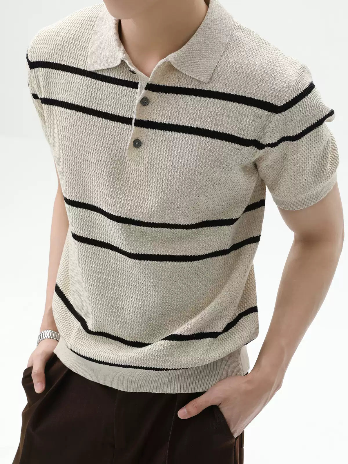 เสื้อโปโลแขนสั้นลายทางคอนทราสต์ ทอไหมพรม สไตล์ลักชัวรี ใส่ง่ายในฤดูร้อน