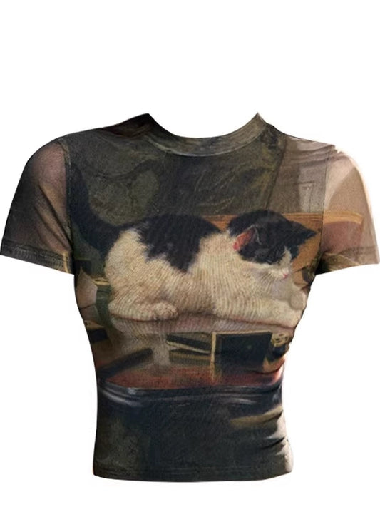 เสื้อครอปลายแมวน่ารัก คอกึ่งสูง เข้ารูปวินเทจ