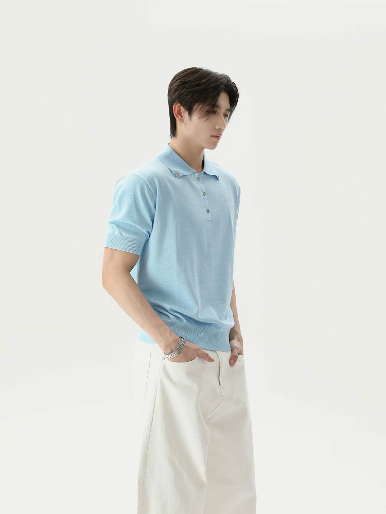 เสื้อยืดโปโลแขนสั้นทรงหลวม สไตล์วินเทจอเมริกัน ดีไซน์เรียบง่ายพร้อมกระดุม