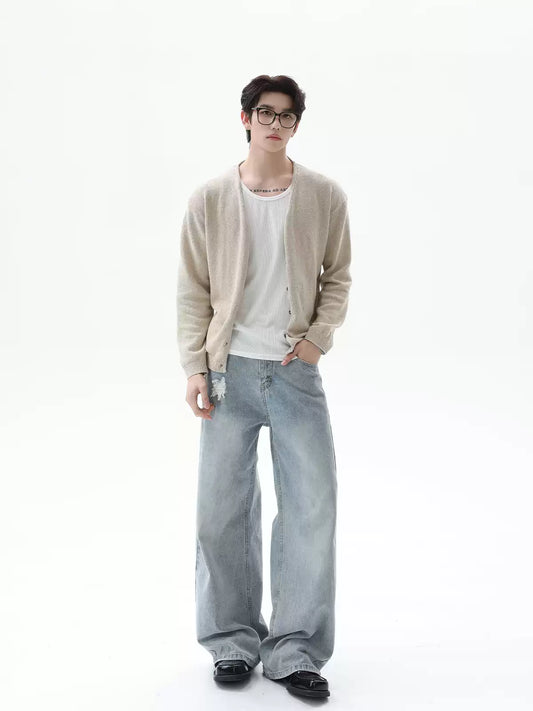 เสื้อคาร์ดิแกนไหมพรมผ้าลินิน คอวี ทรงหลวม สไตล์ Clean Fit สำหรับทำงาน