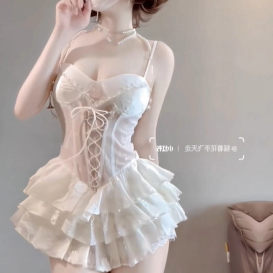 เดรสสายเดี่ยวลูกไม้ปาดไหล่ สไตล์ฝรั่งเศส พองฟู