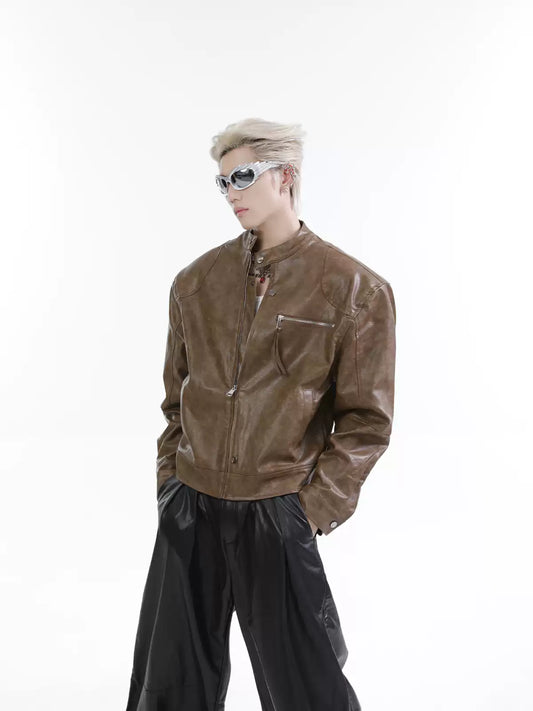 เสื้อแจ็คเก็ตหนัง PU ทรงสั้น ปกตั้ง ดีไซน์ไหล่เสริม สไตล์วินเทจสตรีท