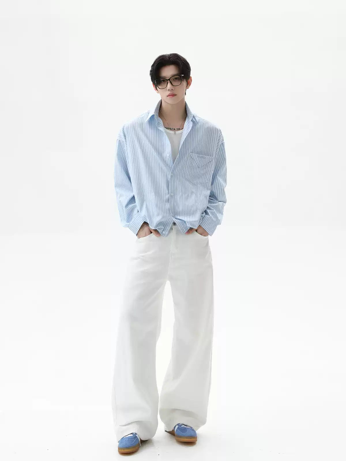 เสื้อเชิ้ตแขนยาวลายทางคอนทราสต์ สไตล์อเมริกัน ปกเชิ้ตพร้อมปักลาย