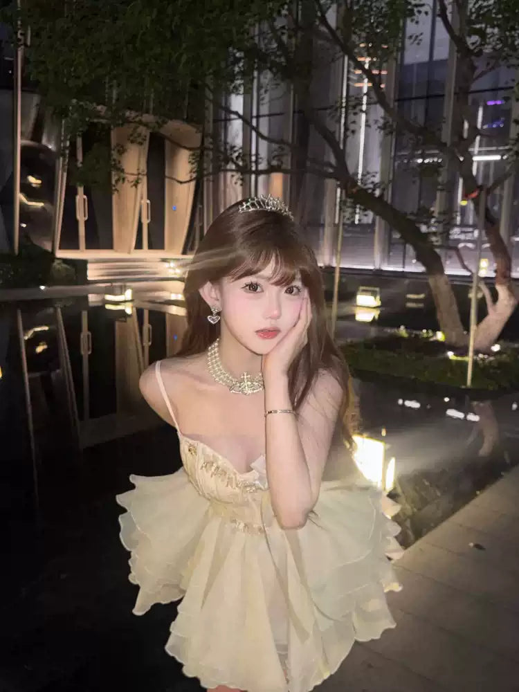 เดรสสายเดี่ยวคอร์เซ็ต ปักมุกลายดอก สไตล์เจ้าหญิง