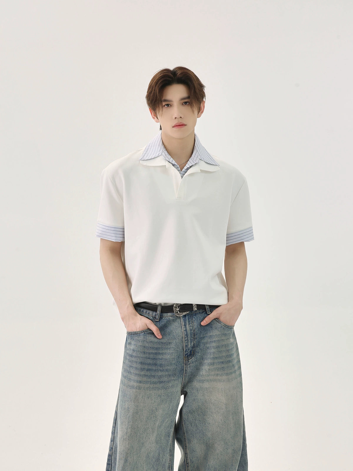 เสื้อโปโลแขนสั้นลายทาง ดีไซน์สไตล์ยูนีค ทรงหลวม ใส่ง่ายสำหรับฤดูร้อน