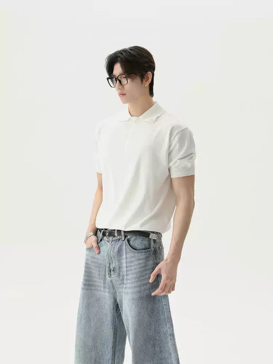 เสื้อยืดโปโลแขนสั้นทรงหลวม สไตล์วินเทจอเมริกัน ดีไซน์เรียบง่ายพร้อมกระดุม