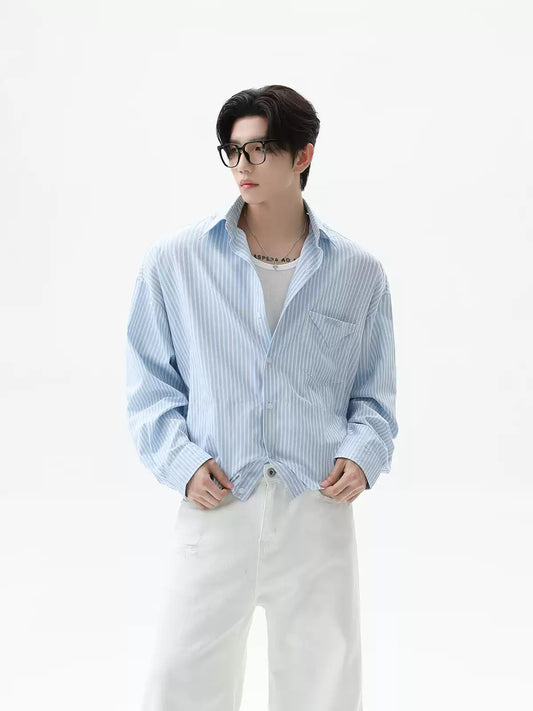 เสื้อเชิ้ตแขนยาวลายทางคอนทราสต์ สไตล์อเมริกัน ปกเชิ้ตพร้อมปักลาย