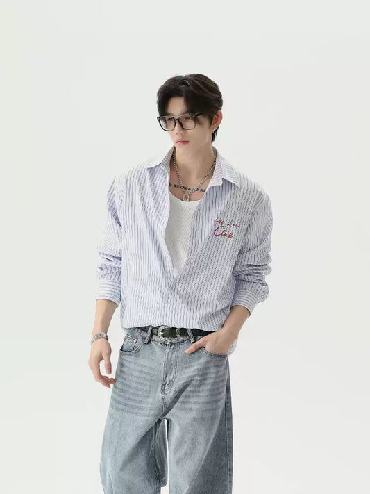 เสื้อเชิ้ตแขนยาวลายทางพิมพ์ ทรงหลวม สไตล์ Clean Fit คอปก